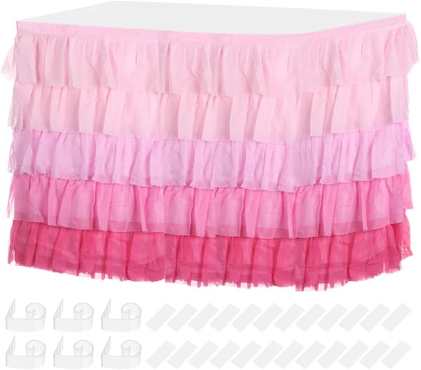 1-pack 2,7 m rosa tyllbordskjol, volangduk för rektangulär eller rund dukning Födelsedagar Bröllop Tårtdessert 274 cm x 76 cm (rektangulär) SQUARE