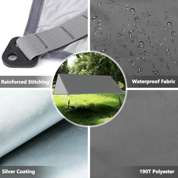 This 3x3 meter waterproof camping tarp is UV protected. It includes 6 tent pegs and 6 ropes. grey grey