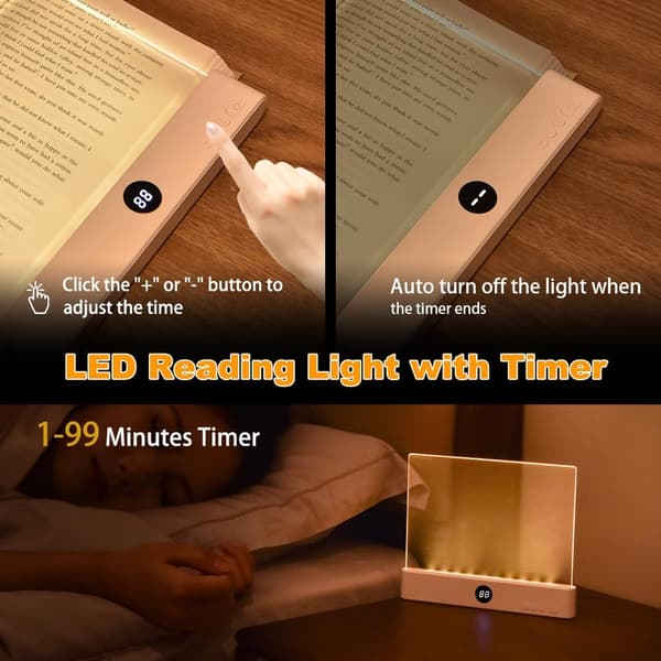 Book Light, Rechargeable Clear LED Flat Reading Light with 3 Colors and Timer, Dimmable Panel Light Full Page Lamp for Reading in Bed