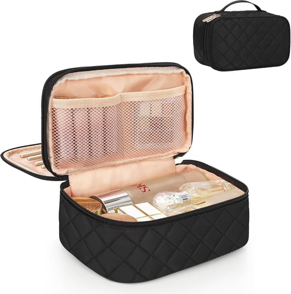Makeuptaske, lille makeuptaske til kvinder, rejsetaske, vandtæt makeup-organizer med 2 lag og makeupbørsteholder, sort 01-sort