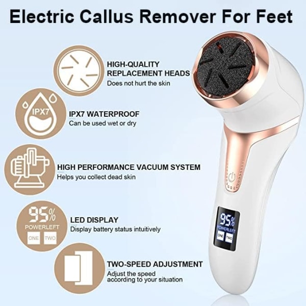 Elektrisk Foot Callus Remover med støvsuger, Genopladelig Foot File Dead Skin Remover med 2 hastigheder, 3 slibehoved, LCD-skærm, 16i1