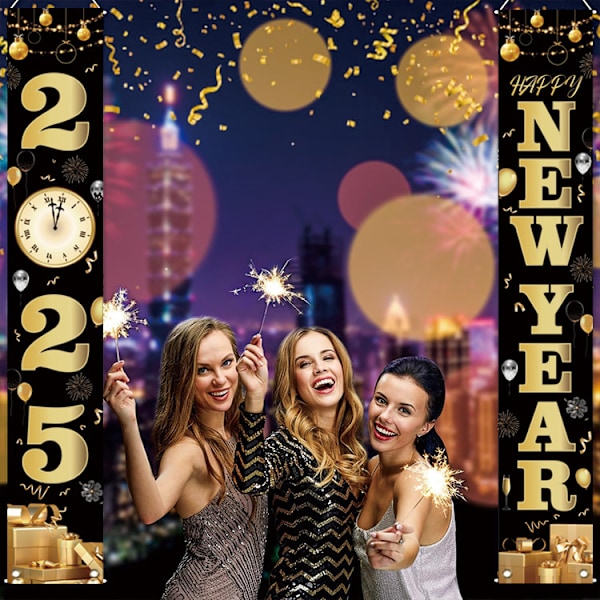 Svart Happy New Year Dörrbanderoll Nyårs Veranda Skylt 2025, ge en vänlig look till ditt hem (180 * 30cm)