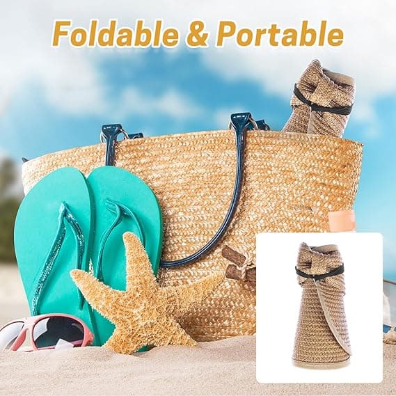Roll-up Summer Sun Hat, Wide Brim Straw Hat, Beach Hat, Girls' Bow Hat