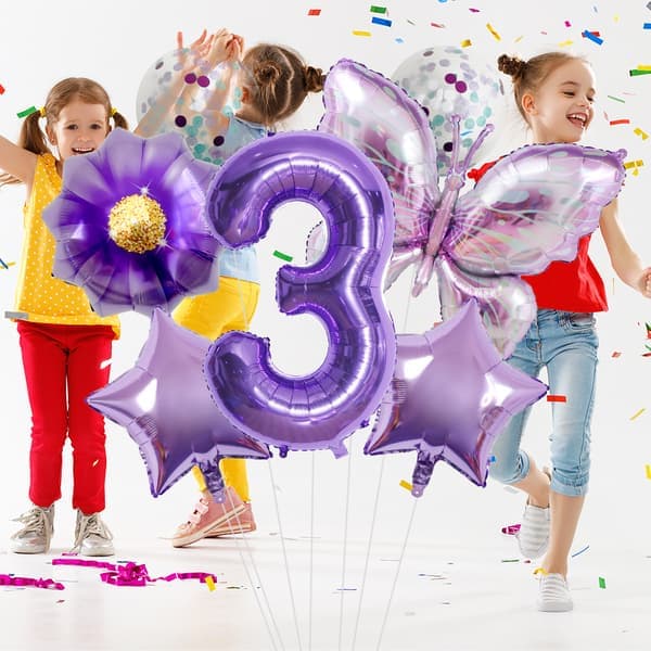 32-tommer Nummerballonsæt, Lilla Sommerfugleblomstdesign – Børnefødselsdagsdekorationer til Scenografi 3 3 3