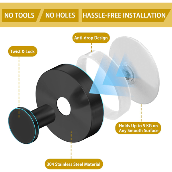 Bathroom Suction Cup Hooks, 5kg Load Capacity, Reusable Suction Cup Towel Holders, Drill-Free Wall Hooks, Strong Hook