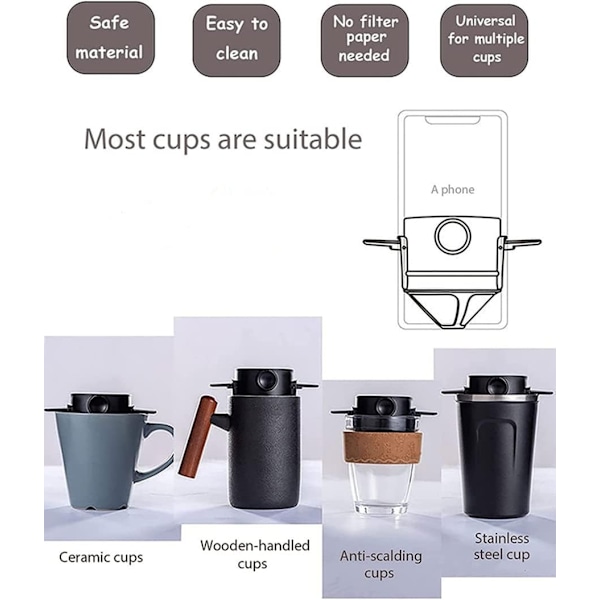 Bärbar Hällöver Kaffebryggare 1-2 Koppar, Rostfritt Stål Bärbar Kaffefilter, Återanvändbar Mugg Kaffedroppfilter för Hem Kontor Resor