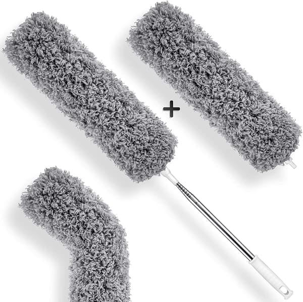 Telescopic Duster - Set of 2 Microfiber Tops - Long Extendable Stainless Steel Duster - Washable Duster for Cleaning Windows, Radiators,