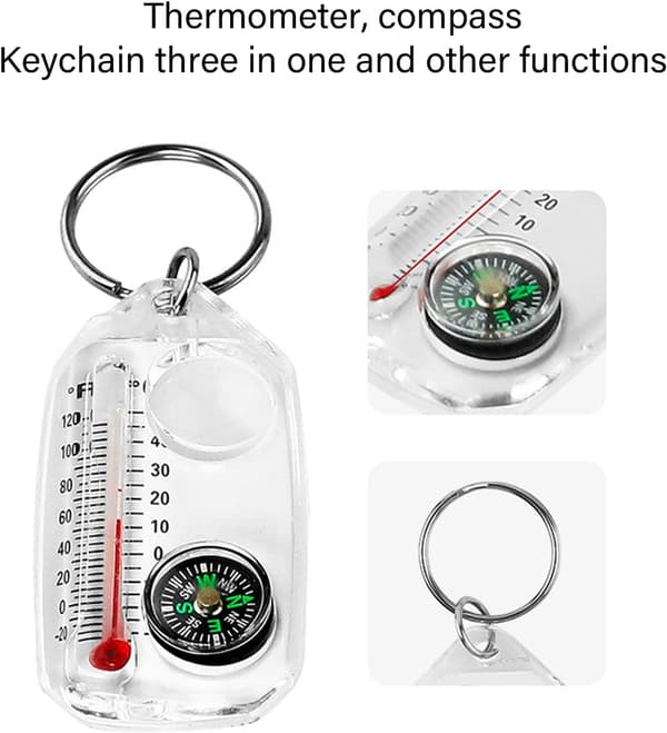 wxsp 1 Piece White Outdoor Thermometer - Compact Compass with Magnifying Glass and Keychain - Portable Mini Navigation Tool - Multifunctional