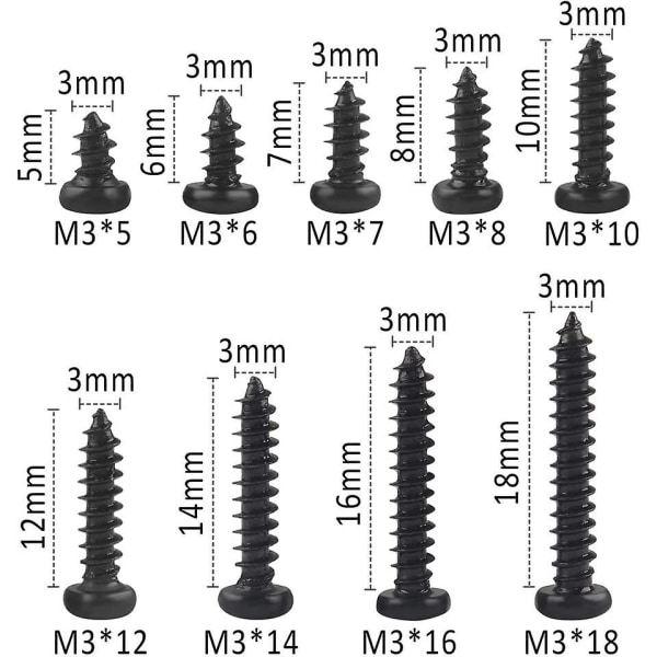 Svarta M3 Självspännande Skruvar, 450 Packningar Rostfritt Stål Runda Huvud Självspännande Skruvar För Mjukt Trä Metall 9 Specifikationer, Med Plastlåda