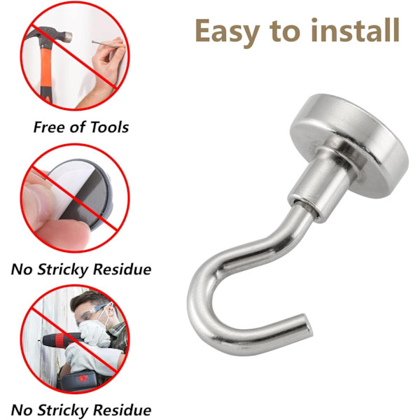 HARDWARE Magnetiska Krokar Tung Duty, 20LB Stark Neodym Magnet Krokar, Magnetisk Krok, Metallmagneter (6-pack, Silver)