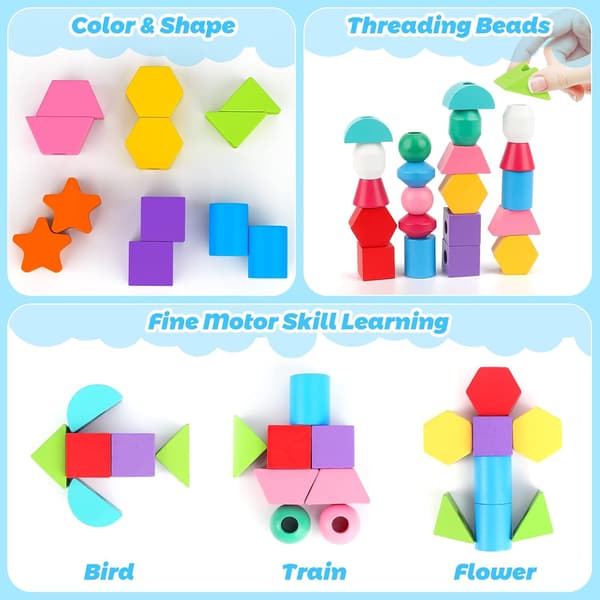 Montessori Wooden Bead Sequencing Toy Set, Stacking Blocks & Lacing Beads & Matching Shape Stacker for 2 3 4 5 Year Old STEM Preschool Learning