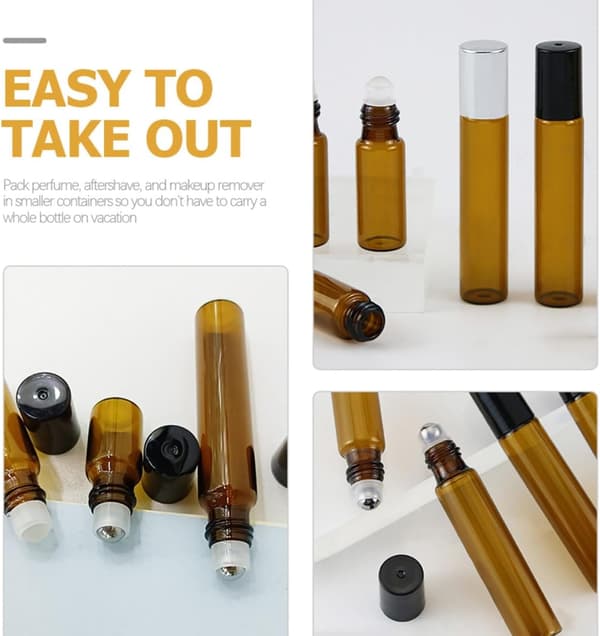 10 ml eterisk olja rollerflaskor i glas, set om 10 med svarta plastlock och kulor i rostfritt stål