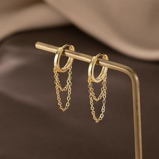Genuine 925 Sterling Silver Tassel Chain Dangle Small Huggie Earrings