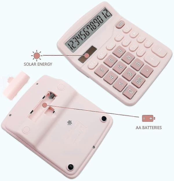 Vaaleanpunainen laskin, pöytälaskin 12 numeroa suurella LCD-näytöllä