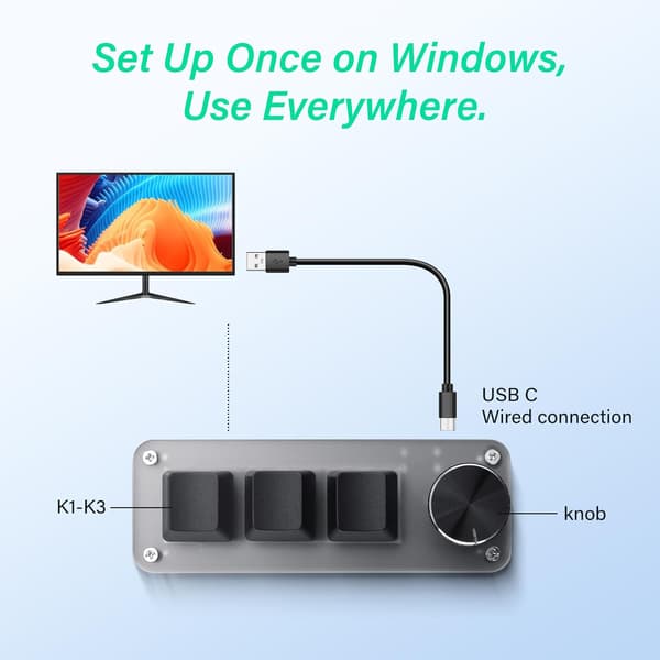 Mini Programmable Mechanical Keyboard with Three Buttons and a Rotary Macro Shortcut Knob | Multi-device PC for Gaming and Office Use