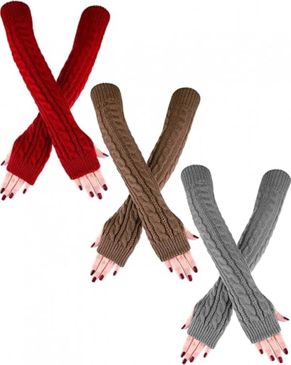Lange strikkede vanter/armvarmere til kvinder, sæt med 3 - 50 cm - Khaki, Mørkegrå, Mørkerød - Polyester - Varm & Stilfuld