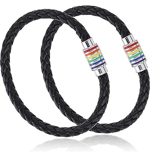 2 Pieces Leather Bracelet Black Rainbow Magnetic Leather Cord Men Women Accessories
