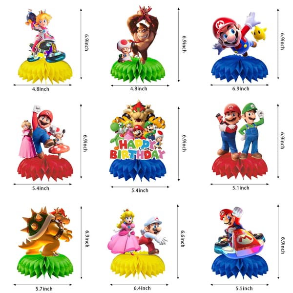 9-delt sæt Mario-tema festfødselsdagsdekorationer, 3D honningkage