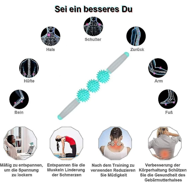 Kolme pyörivää piikikäs urheilumassaažirulla kehon rentoutumiseen ja palautumiseen - painepisteiden rulla urheilumassaažiin ja kivun lievittämiseen tehokkaassa hoidossa
