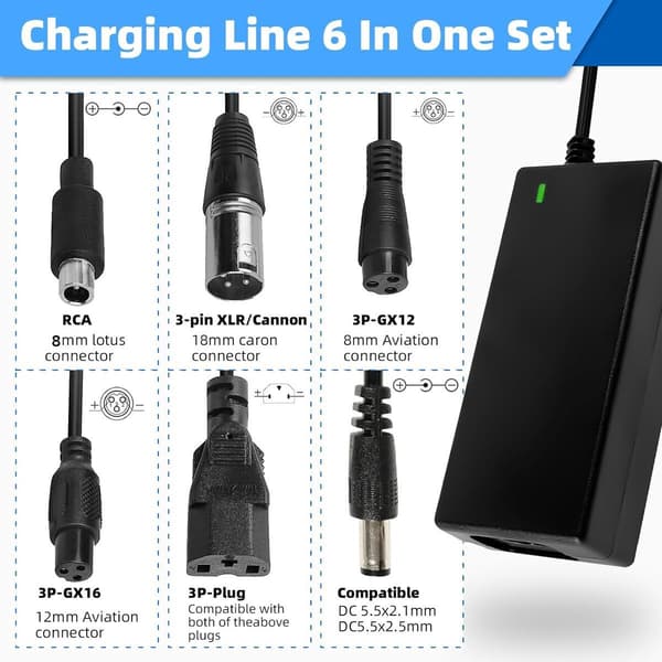 Elektrisk Cykellader - Lader til Elektriske Scootere - 36V/42V 2A Universallader - med 6 Batteriladerstik - Batterilader