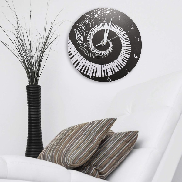 2x tyylikäs pianokello Nuotit Wave pyöreä moderni seinäkello ilman paristoa musta + valkoinen A