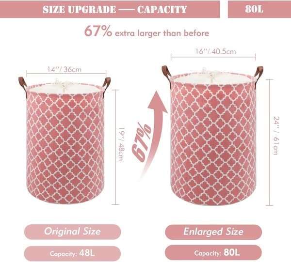 72L Thickened Extra Large Laundry Hamper with Durable Leather Handle Waterproof Inside, Drawstring Round Cotton Linen Foldable Storage Basket (Pink)