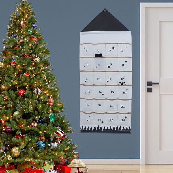 Christmas Calendar, 24 Compartment Reusable Fabric Wall Hanging, Black and White