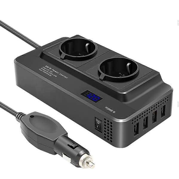 200W Bilomformer, Spenningsomformer 12V til 220V med Smart Tidsvisning LCD, 2 Uttak og 4 USB Ca