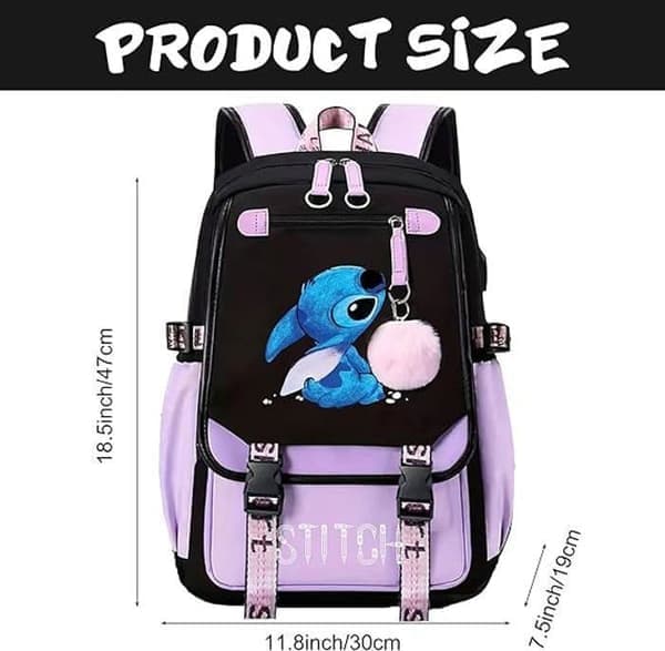 Purple Stitch Backpack for Kids & Teens – School Backpack with 2 USB Ports