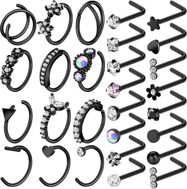 29 stk. sorte næseringe til kvinder - L-form, studs, bøjle, smykker i rustfrit stål og mænd A-20G Black A-20G