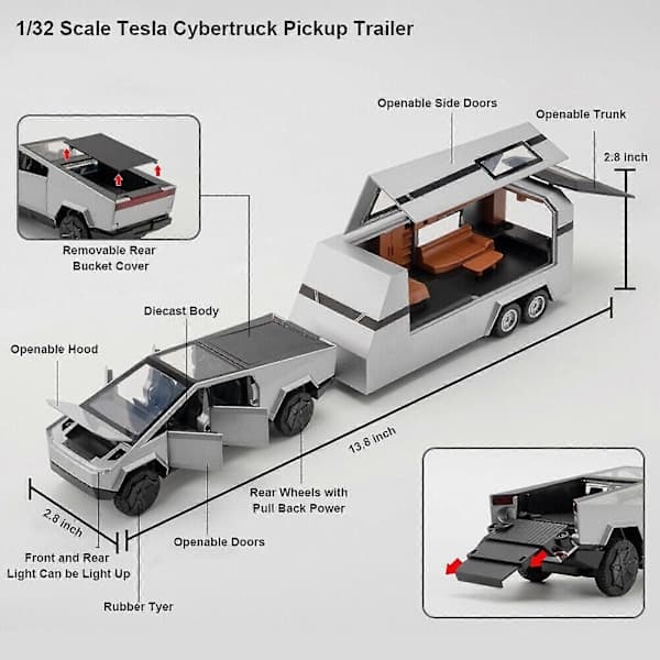 1:32 Tesla Cybertruck Pickup Bobil Diecast Modellbil Lyd Lys Barnegave Boris Grå Grey