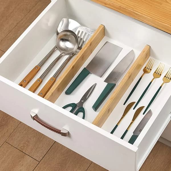 Bamboo Kitchen Drawer Dividers (4-Pack), Large Adjustable Dividers, Spring-Loaded Cutlery Organizer.