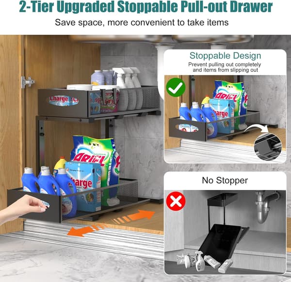 Metal Storage Under Sink, 2-Tier Pull-Out Kitchen Shelf Under Sink with Adjustable Height, Under Sink Organizer