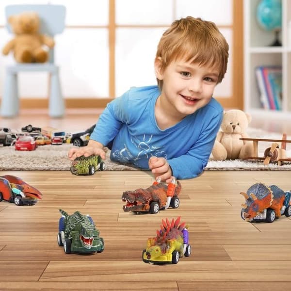 Sæt med 6 miljøvenlige PVC dinosaurusbiler til børn fra 2 til 8 år