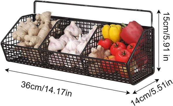 Vegetable Storage for Kitchen, 3-Compartment Potato Basket, Space-Saving Wall-Mounted Rack for Ginger, Garlic, and Onions in Pantry