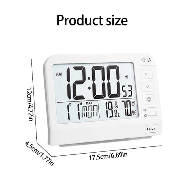 Large Digital Alarm Clock with LCD Screen, Backlight, Temperature, Battery Powered for Students and Professionals, White White