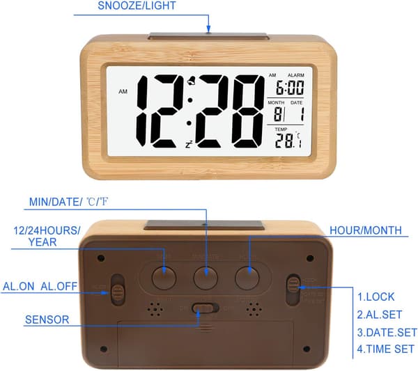 Enkel digital väckarklocka i bambu med temperatur, digital väckarklocka, för sovrum