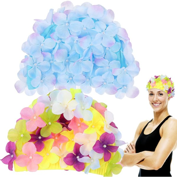 Petal svømmehette for damer: svømmehette med blomster, badehette med blomster, fasjonable badehatt for kvinner for fletter og dreadlocks (farge og blå)