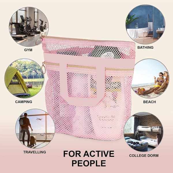 Mesh Quick Dry Dusjveske, Rosa, 25x26cm med Glidelås, for Studenthjem, Leir & Treningsstudio