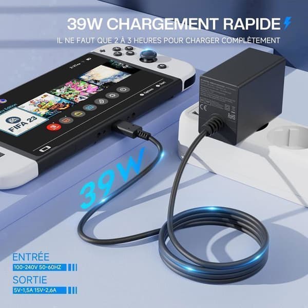 Strømadapter for Switch/OLED/Lite – PD-hurtiglader som støtter TV-modus (USB-C, 15V/2.6A)