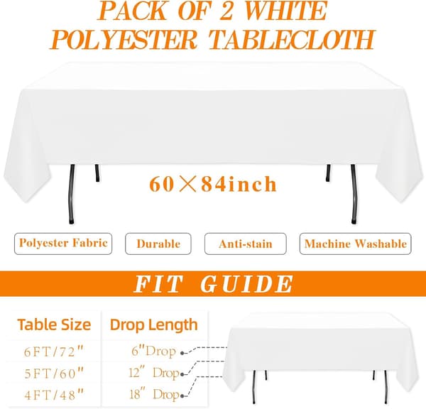 2-pack vita rektangulära dukar 60x84 tum, polyesterduk för 4 fots rektangulära bord, skrynkelbeständig tvättbar tygduk