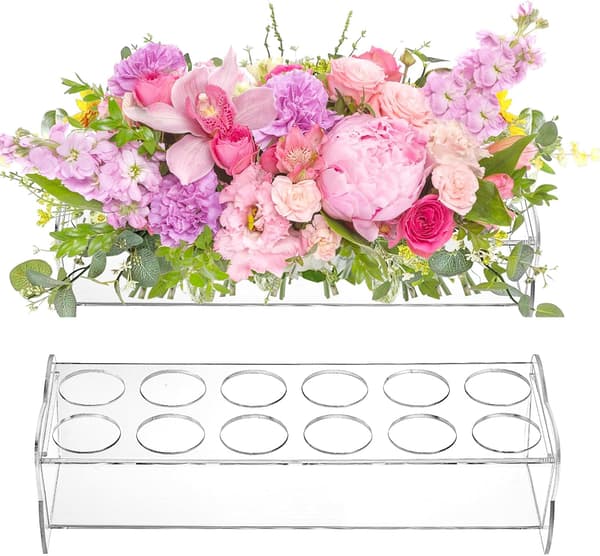 2-pack akrylblomvas rektangulär, 12 x 4 tum lång låg klar blomvas 12 hål blomsterarrangemang