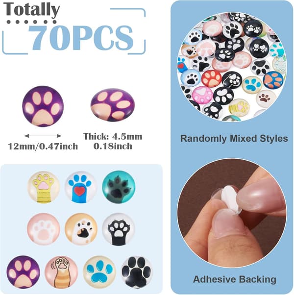 70 stk. 12 mm hundepoter glas cabochons halvrunde Mixed Color-Paw Prints