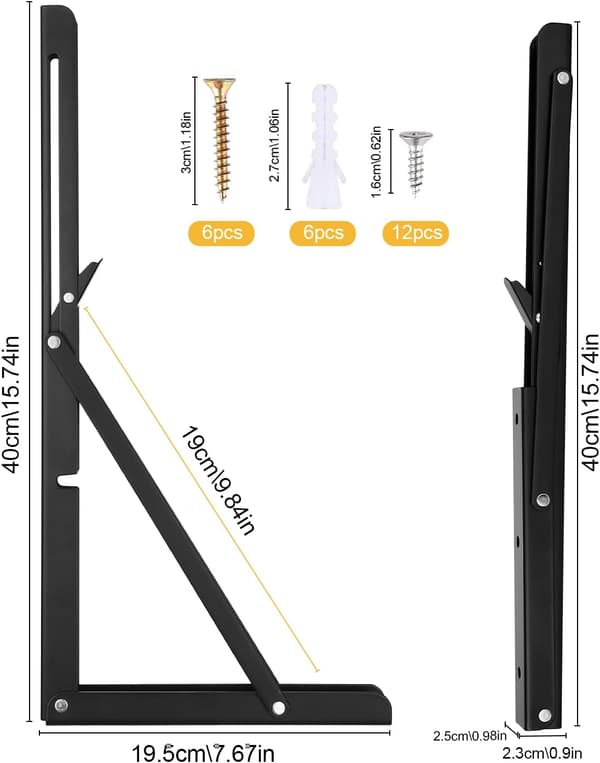 Vikbara hyllkonsoler 400 mm, 2 st vikbara konsoler svarta, Kraftig hyllkonsol, Flytande bordsstödkonsolram, lastkapacitet 70 kg