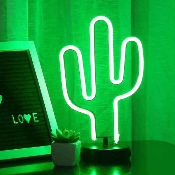 Gröna kaktus neonljusskyltar LED kaktus neonljus Nattljus med piedestal Rumsdekor Batteri/ USB -drift Kaktuslampor Neonskyltar