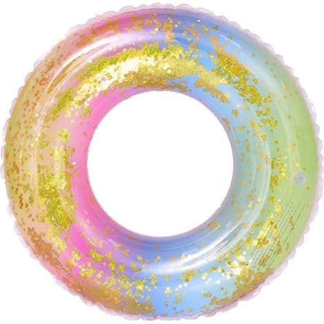 Durable Inflatable Rainbow Glitter Swim Ring for Adults and Children