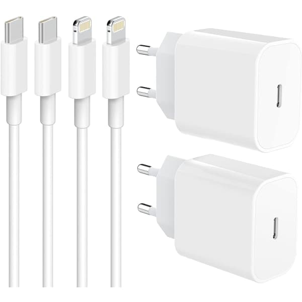 (2x) iPhone hurtigoplader USB-C strømadapter 20W + kabel hvid