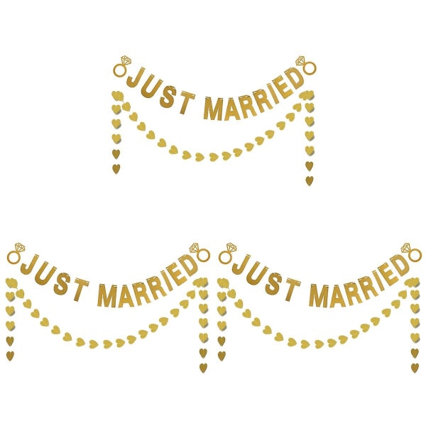 3 stk Glitter Just Married Bokstavbanner Hjerteformet Girlander Konfetti Bunting Banner til Bryllup P 3pcs