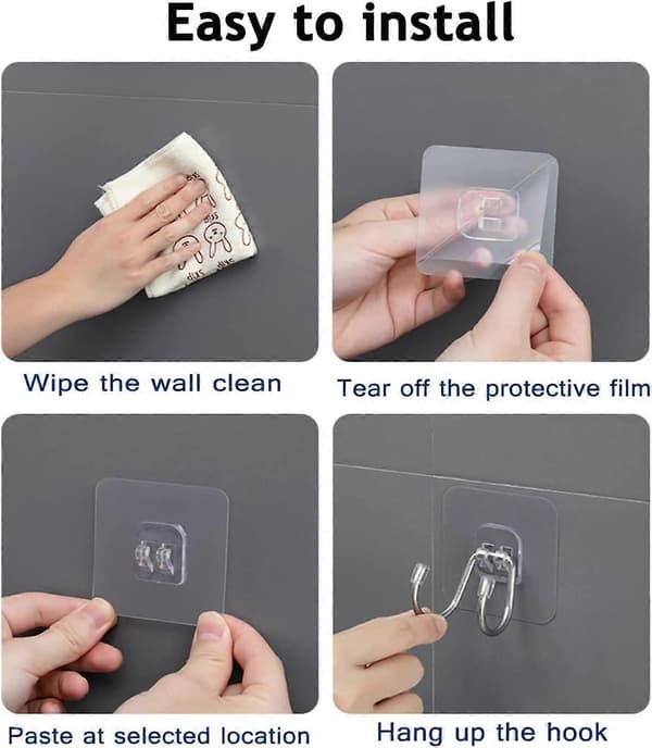 8-pack Heavy Duty Self-Adhesive Hooks - Self-Adhesive Removable Transparent Hanger for Home Office Kitchen Bathroom (Double Hooks)