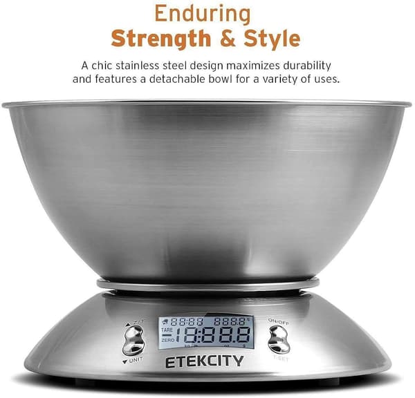 Electronic Kitchen Scale with Stainless Steel Mixing Bowl, Timer, and Temperature Sensor, for Cooking and Baking-11lb/5kg